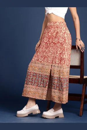 Taavi Women Floral Printed A-Line Pure Cotton Kalamkari Midi Skirt