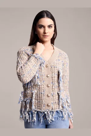 iki chic Women Front-Open Fringes Detail Woollen Cardigan
