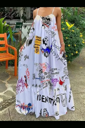 HERE&NOW Women Shoulder Straps Graphic Printed A-Line Maxi Dress