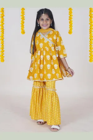 KiddoPanti Girls Floral Printed Pure Cotton Angrakha Anarkali Kurti With Sharara & Dupatta