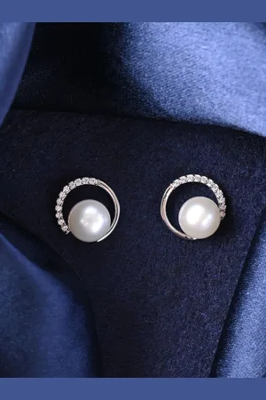 CLARA Sterling Silver Rhodium-Plated Contemporary Pearls Studded Earrings