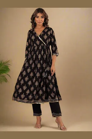 HERE&NOW Floral Printed V-Neck Angrakha Gotta Patti Anarkali Kurta with Trousers