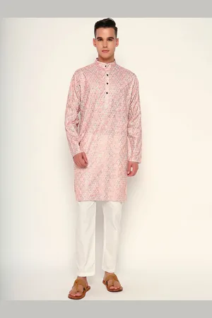 ZARI Floral Printed Jacquard Weave Mandarin Collar Cotton Straight Kurta