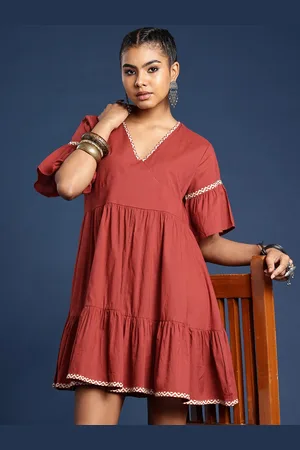 Taavi V-Neck Flared Sleeves Pure Cotton Bagru A-Line Ethnic Dress