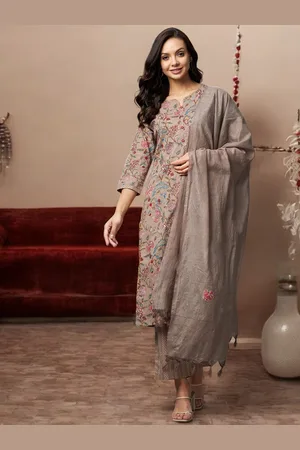 Azira Women Brown Floral Embroidered Pure Cotton Kurta With Trousers & Dupatta