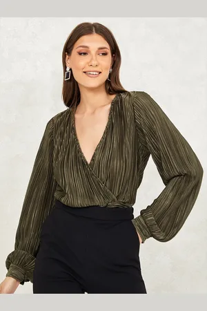 Styli Metallic Pleated Wrap Top with Fitted Waistband