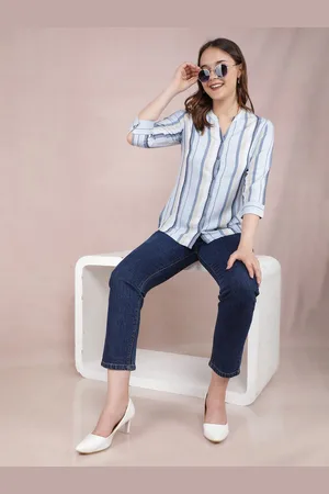 Crimsoune Club Women Smart Mandarin Collar Vertical Striped Cotton Slim Fit Casual Shirt
