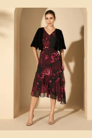 Antheaa Women Floral Printed Layered Fit & Flare Midi Dress with velevt shrug