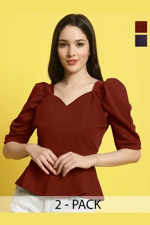 Metronaut Women Pack Of 2 Sweetheart Neck Puff Sleeves Peplum Top