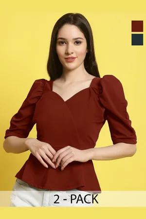 Metronaut Women Pack Of 2 Solid Sweetheart Neck Puff Sleeves Peplum Top