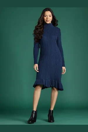 DressBerry Pure Acrylic Self-Design Knitted Midi Winter Dress