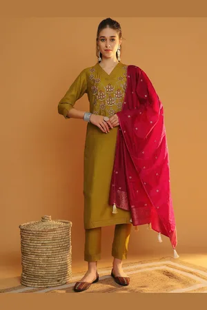 Tulsattva Floral Embroidered V-Neck Regular Chanderi Cotton Kurta With Trouser & Dupatta