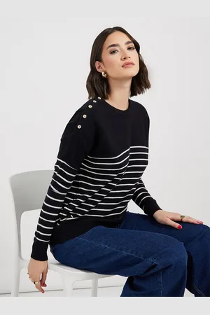 Styli Women Boxy Fit High Neck Regular Length Stripe Sweater