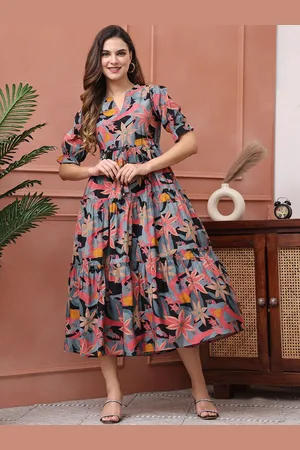 Claura Women Floral Printed Puff Sleeve Fit & Flare Midi Dress
