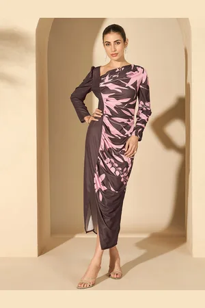 Antheaa Printed Puff Sleeve Sheath Midi Dress