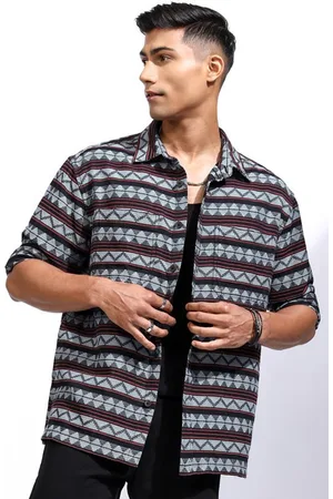 LocoMotive Premium Men Jacquard Textured Utility Pocket Oversized Shirt