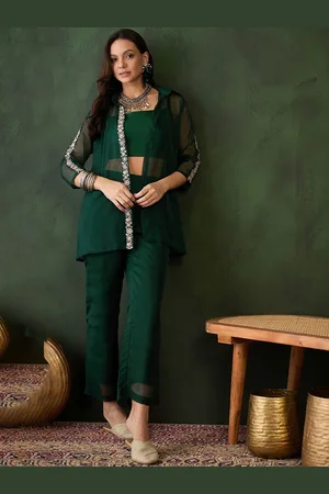 Sangria Sleeveless Crop Top & Trousers With Embroidered Shrug