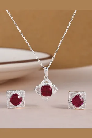 Studio Voylla Women Red & Silver-Toned Sterling Silver Cubic Zirconia Pendant with Earrings