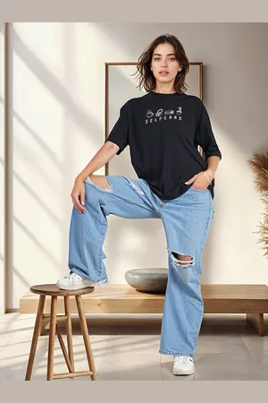 HERE&NOW HERENOW Women Black Typography Printed Pure Cotton T-shirt