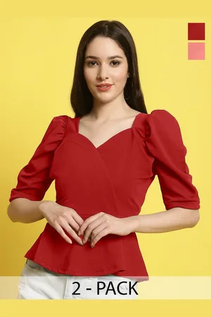 Metronaut Women Pack Of 2 Solid Round Neck Puff Sleeves Peplum Tops