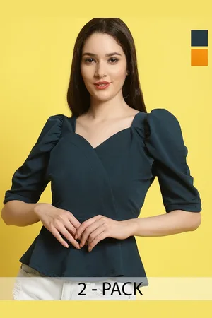 Metronaut Women Pack Of 2 Solid Sweetheart Neck Puff Sleeves Peplum Top
