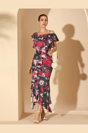 Antheaa Floral Printed Ruffles Detail Sheath Midi Dress