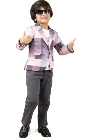 BAESD Boys Checked Notched Lapel Collar Blazer with Trouser & T-Shirt 3-Piece Suit