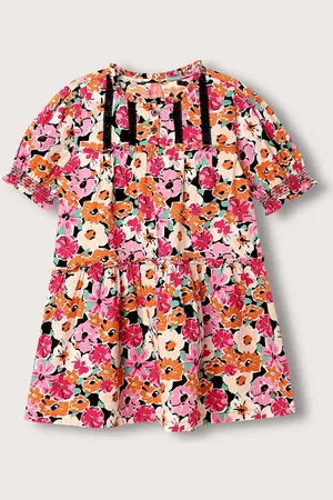 Blue Giraffe Girls Floral Printed Cotton A-Line Dress