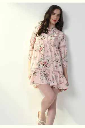 SHOWOFF Women Floral Print Tie-Up Neck Puff Sleeve Crepe A- Line Mini Dress
