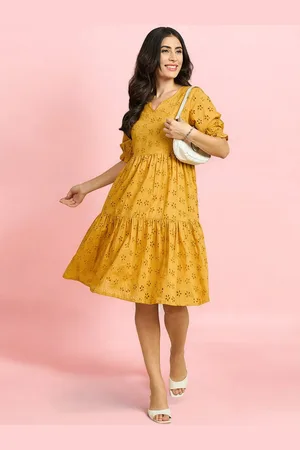 Azira Self Design Puff Sleeves Semi Sheer Schiffli Pure Cotton Fit & Flare Dress
