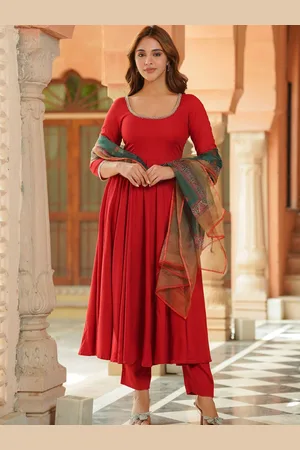 Ambraee Beads and Stones Round Neck Anarkali Kurta with Trousers & Dupatta