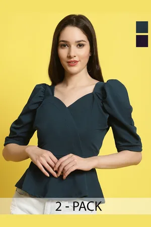 Metronaut Women Pack Of 2 Solid Sweetheart Neck Puff Sleeves Crop Top
