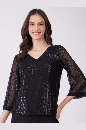 FableStreet Women Sequinned Embellished V-Neck Styled Back Top