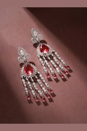 Priyaasi Silver-Plated AD-Stone Studded Teardrop Shaped Tasselled Drop Earrings
