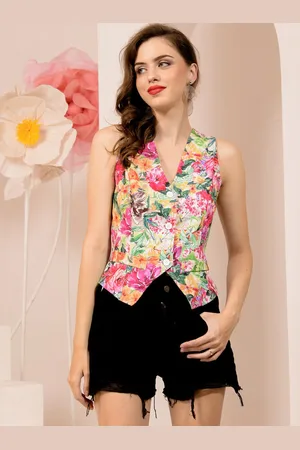 BAESD Women Collarless Floral Printed Casual Tailored Jacket