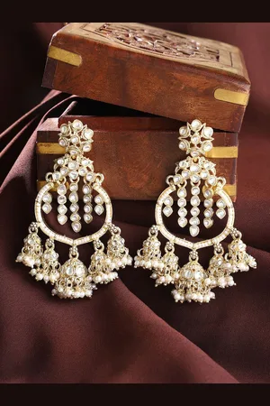 Priyaasi Gold-Plated Kundan Stone Studded & Pearls Beaded Contemporary Chandbalis