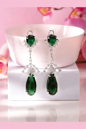 Priyaasi Silver-Plated American Diamond Stone Studded Teardrop Shaped Drop Earrings