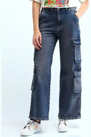 Flying Machine Women Relaxed Fit High-Rise Light Fade Baggy Cargo Jeans