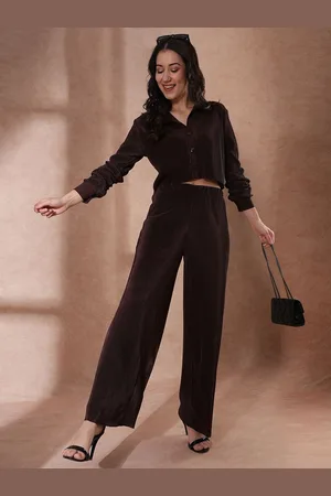 Globus Brown Self Design Accordion Pleats Crop Shirt & Trousers