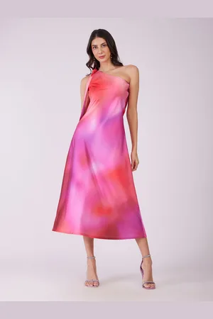 FableStreet Women Print One Shoulder Satin A-Line Midi Dress