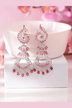Priyaasi Silver-Plated American Diamond-Stone Studded Contemporary Shaped Drop Earrings