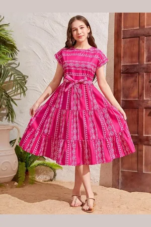 Miss & Chief Girls Geometric Printed Fit & Flare Midi Dress