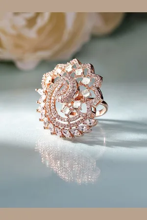 Priyaasi Rose Gold-Plated Peacock Shaped American Diamond Stone-Studded Finger Ring