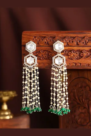 Priyaasi Gold-Plated Kundan Stone Studded & Pearls Beaded Tasselled Drop Earrings
