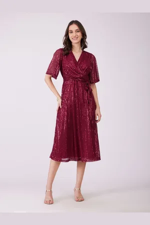 FableStreet Women Net Embellished Sequin Wrap Fit & Flare Midi Dress