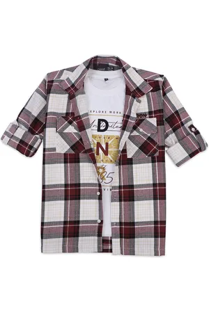 CAVIO Boys Collar Tartan Checked Cotton Casual Shirt & T-Shirt