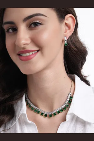 Mansiyaorange Rhodium-Plated Crystal AD Gemstone-Studded Jewellery Set