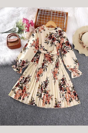 Miss & Chief Girl Floral Print Round Neck Bishop Sleeve Fit & Flare Dress