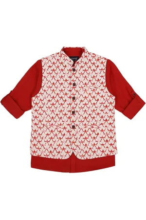 CAVIO Boys Printed Pure Cotton Mandarin Collar Slim Fit Nehru Jacket With Shirt