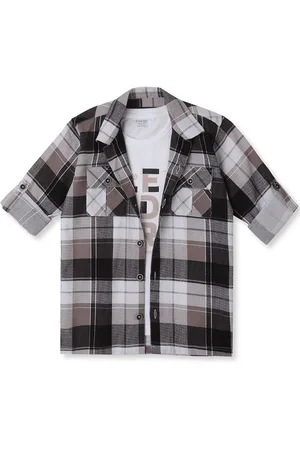 CAVIO Boys Cuban Collar Tartan Checked Cotton Casual Shirts & T-Shirt